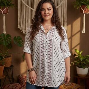 Boden White 100% Linen Shirt with Red and Blue Paisley size 18 long US